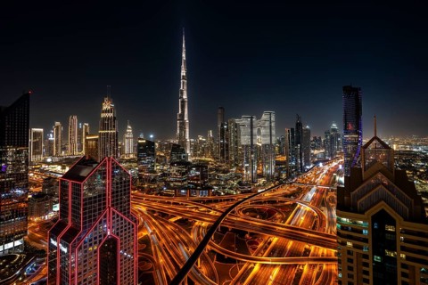 Dubai skyline at night, Burj Khalifa tallest building in the world, United Arab Emirates, Asia