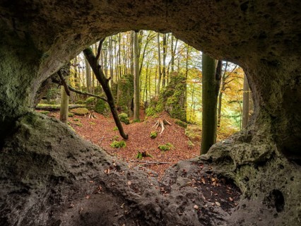 The witches' gate, rock gate in autumn, Betzenstein, Upper Franconia, Franconian Switzerland,