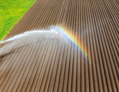 Artificial irrigation of a potato field in April, with a sprinkler system, long drought in spring
