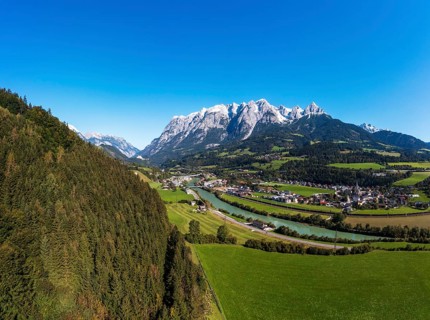Drone shot, view of village with church, Pfarrwerfen, Tennengebirge, Salzachtal, Pongau, Salzburg