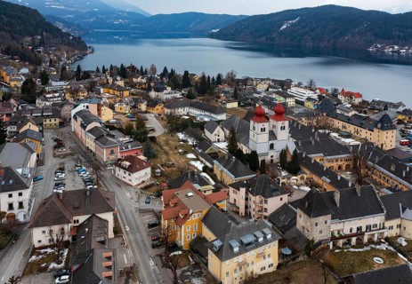 Drone shot, view of the town, Millstatt Abbey, Millstatt, Lake Millstatt, Carinthia, Austria,