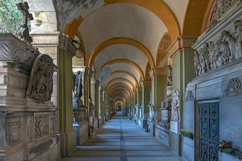 Arcade with tombs at the Monumental Cemetery, Cimitero monumentale di Staglieno), Genoa, Italy,