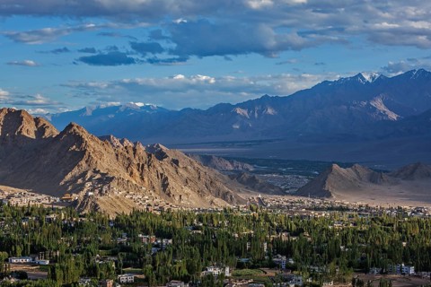View of Leh from above from Shanti Stupa on sunset. Ladakh, Jammu and Kashmir, India, Asia