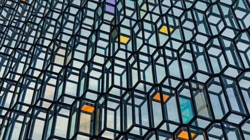 Glass facade of the Harpa Concert Hall and Congress Centre, interior view, Reykjavik, Reykjanes