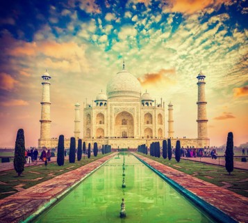 Vintage retro effect filtered hipster style image of Taj Mahal on sunrise sunset, Indian Symbol,
