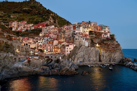 Fishing village of Manarola, blue hour, district of Riomaggiore, Cinque Terre, province of La