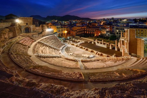 Teatro Romano, blue hour, Roman amphitheater, in the old town of Cartagena, Murcia region, Spain,