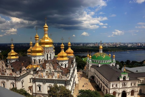 Ukraine, Kiev, View from the bell tower to the monastery complex of the Kiev Cave Monastery, Holy