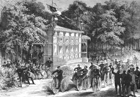 A Velocipedes race at the 1867 World's Fair in Paris, Michaux bike, pedal crank bike, bicycle,