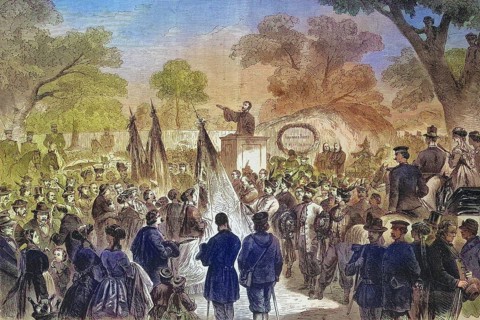 Czech pilgrimage to the monument of John Huss, boulder with the golden inscription John Hus, in