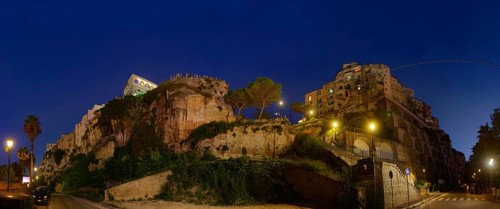 City view with the medieval old town of Tropeain the evening twilight, Via Lugomare, Tropea,