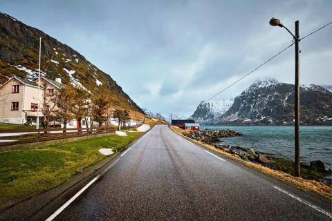Road in Norwegian fjord. Lofoten islands, Norway, Europe