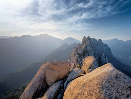 View of stones and rock formations from Ulsanbawi rock peak on sunset. Seoraksan National Park,