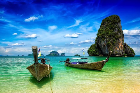 Long tail boats on tropical beach (Pranang beach), Krabi, Thailand, Asia