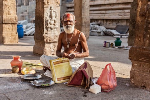 MADURAI, INDIA, FEBRUARY 16, 2013: Indian brahmin (traditional Hindu society) priest in famous