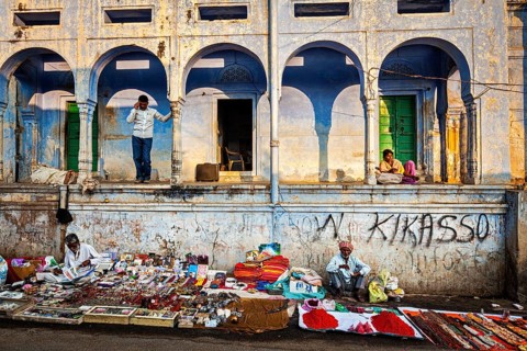 PUSHKAR, INDIA, NOVEMBER 21, 2012: Indian street vendors in Pushkar town street. Pushkar,