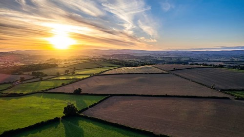Sunset over Devon Fields, Berry Pomeroy, England, United Kingdom, Europe