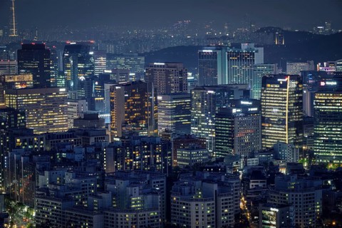 Seoul skyscrapers illuminated with lights view from Inwang mountain. Seoul, South Korea, Asia