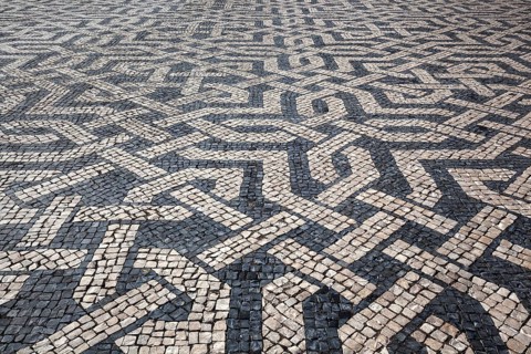 Portuguese mosaic paving, black and white paving motif, Praça dos Restauradores, Lisbon, Portugal,