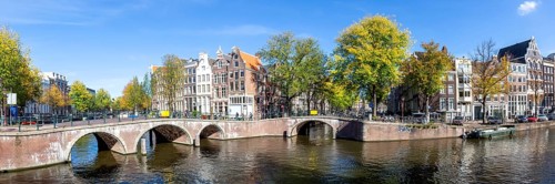 Canals and bridges building panorama at the Keizersgracht in the city of Amsterdam, Netherlands