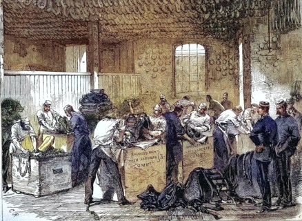 Workers at Woolwich Arsenal prepare to equip the cavalry for the Abyssinia Expedition, 1869,