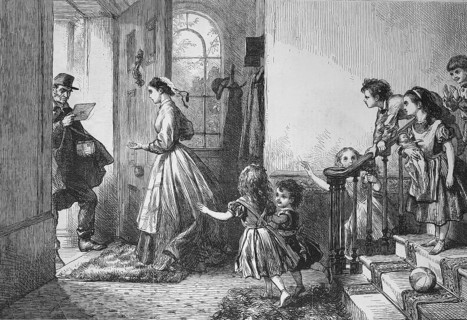 The arrival of the postman at the chateau, the family impatiently awaits a letter, 1869, France,