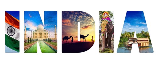 Travel Indica concept background, India text with indian tourist attractions iconic images on
