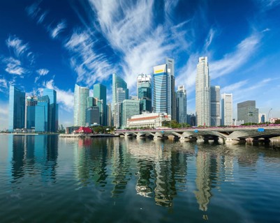 Singapore business district skyscrapers skyline and Marina Bay in daytime