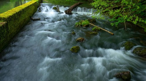 Flowing river Aufsess in front of a mill, Doos, Upper Franconia, Bavaria, Germany, Europe