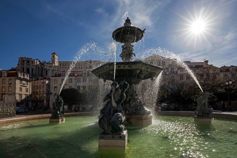 Fountain, bronze fountain, backlight, Rossio Square, Lisbon, Portugal, Europe