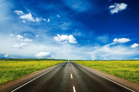 Travel concept background, an empty road with a blue sky and blooming green spring fields on either