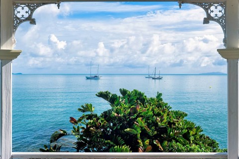 View from the garden pavilion of a hotel to the bay with sailing ships, travel, holiday, sea, Arlie