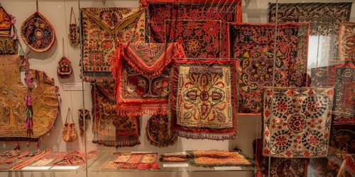 Traditional carpet with pattern, exhibition in the State History Museum, interior view, Bishkek,