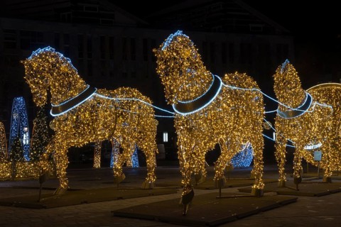 Golden horse figures, cathedral square, world of lights, Magdeburg, most extensive Christmas and