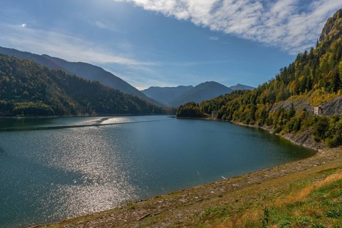 Intake structure at the Sylvenstein reservoir serves as flood protection, dams the Isar, power