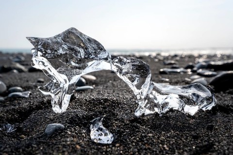 Ice, piece of ice on black sand beach, on black lava beach Diamond Beach, Southeast Iceland,
