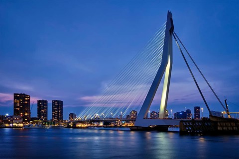 Erasmus Bridge (Erasmusbrug) and Rotterdam skyline illuminated at night. Rotterdam, Netherlands