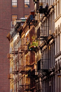 Historic buildings with fire escapes, Broadway, Manhattan, New York City, USA, North America