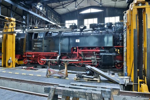 Steam locomotive of the Harz narrow gauge railway for maintenance in the workshop, Wernigerode,