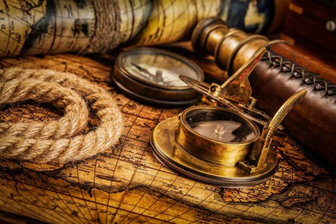 Travel geography navigation concept background, old vintage retro compass with sundial, spyglass