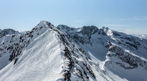 Mitterzeigerkogel, aerial view, peaks and mountains in winter, Sellraintal, Kühtai, Tyrol, Austria,