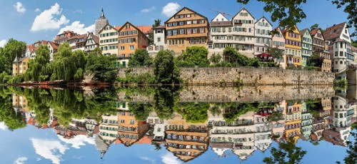 Tübingen on the banks of the Neckar with reflection in the Neckar Germany