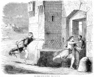 The flight to the free city, Orient, flee, city gate, soldier, run, sword, freedom, Bible, Old