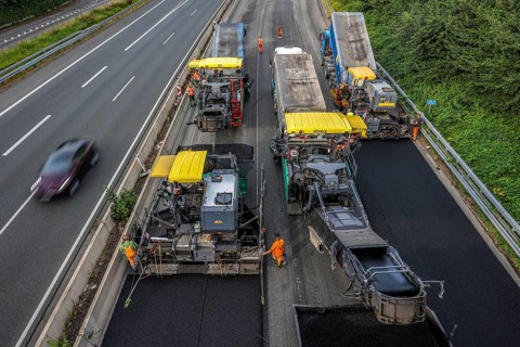Essen, North Rhine-Westphalia, Germany, Road construction, Asphalt pavers and road rollers lay new,