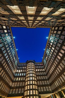 View of the illuminated Kontorhaus against the night sky, Hamburg, Germany, Europe