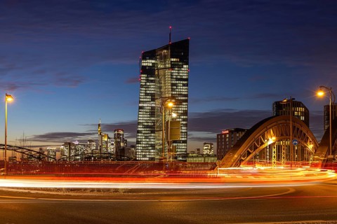 The lights in the offices of the European Central Bank (ECB) in Frankfurt am Main shine in the