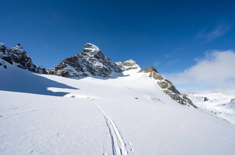 Ascent to the summit of Piz Kesch on the Vadret da Porchabella glacier in winter, view of Piz Kesch