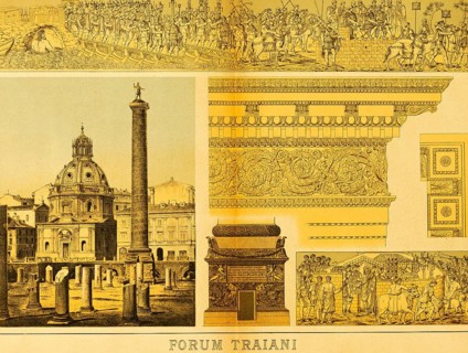 Forum Trajani, public square, ruin, Trajan column with emperor, several relief details, church dome