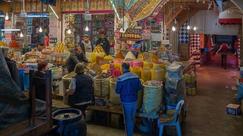 Market stall with dried spices and herbs in the covered souk in the centre of Meknes, Meknes,