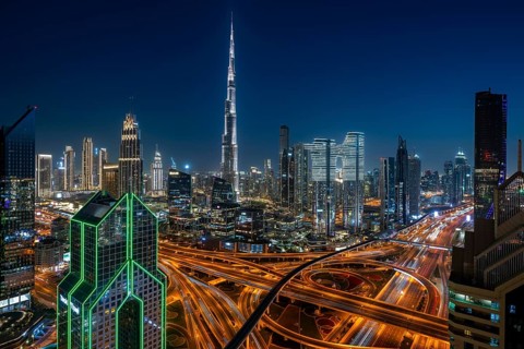 Dubai skyline at night, Burj Khalifa tallest building in the world, United Arab Emirates, Asia